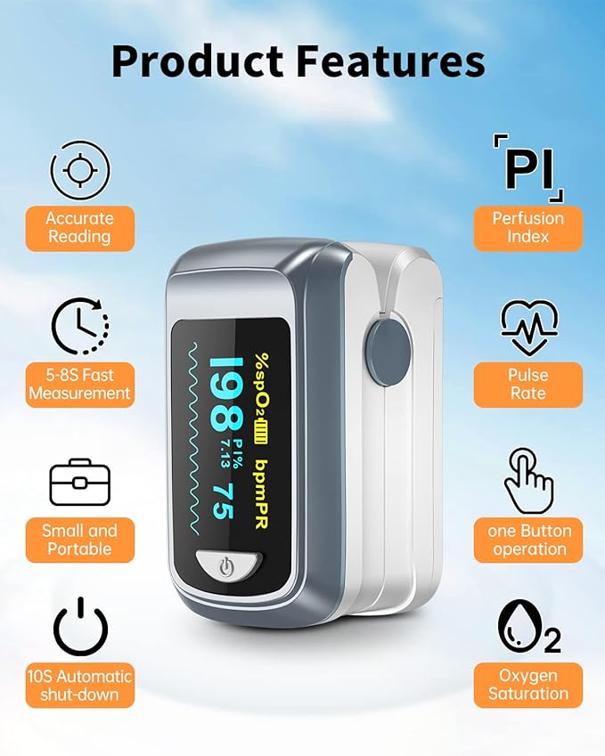 Fingertip Pulse Oximeter Blood Oxygen Saturation Monitor Pulse Ox, Heart Rate and Fast Spo2 Reading Oxygen Meter with OLED Screen
