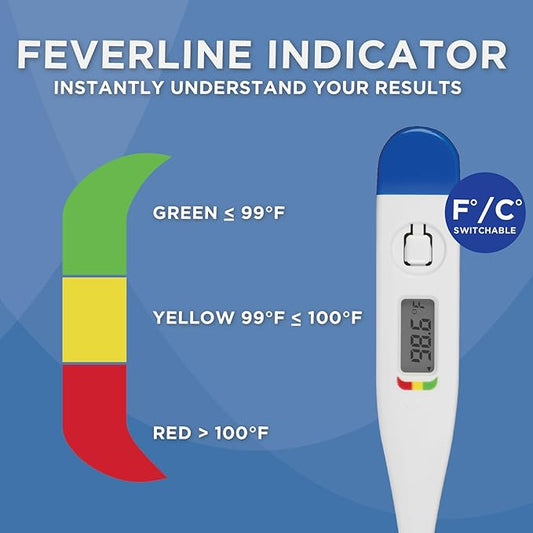 Digital Thermometer | 30-Second Readout | Fever line Indicator | Clinical Rigid Tip | Hygienic Water-Resistant Easy Cleaning