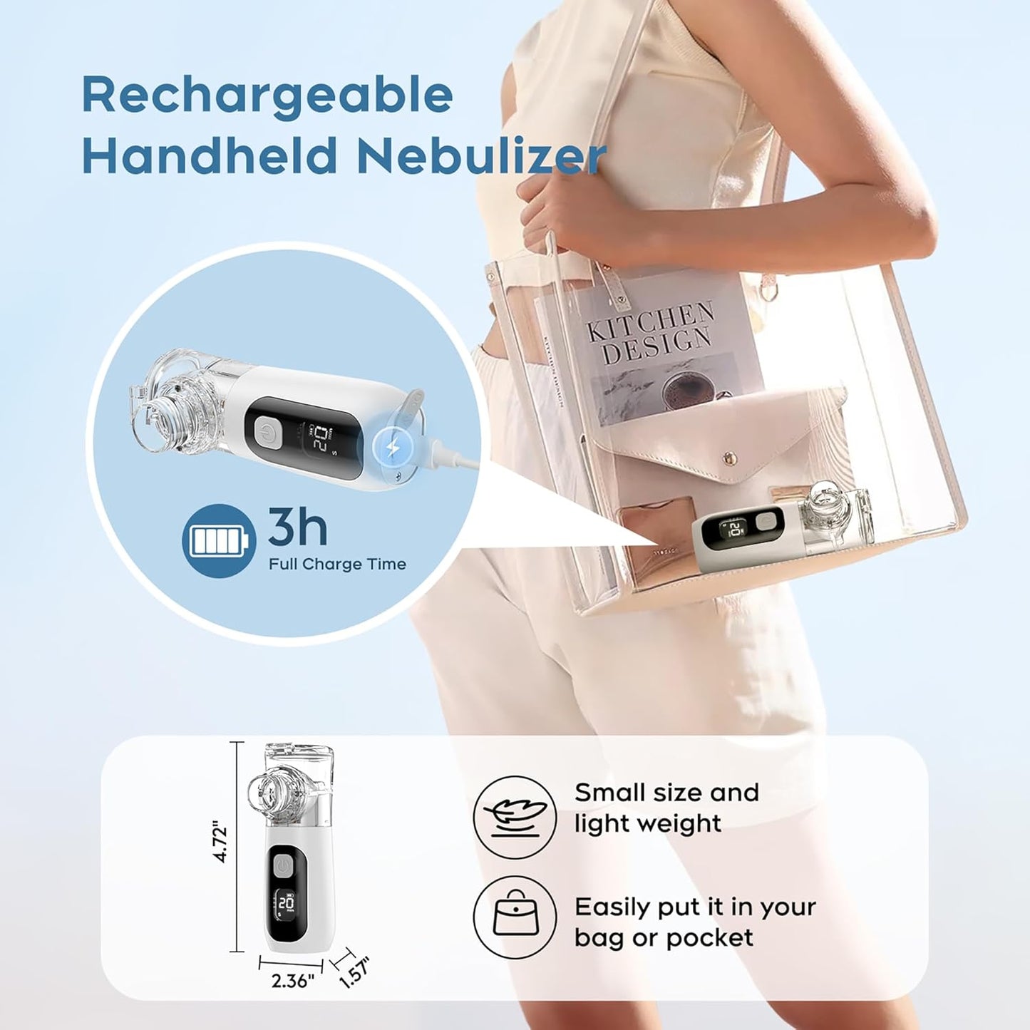 Smart Digital Display Portable Nebulizer for Adults and Kids, Portable Nebulizer Machine for Breathing with Mouthpiece and Mask, Handheld Nebulizer for Travel and Home Use