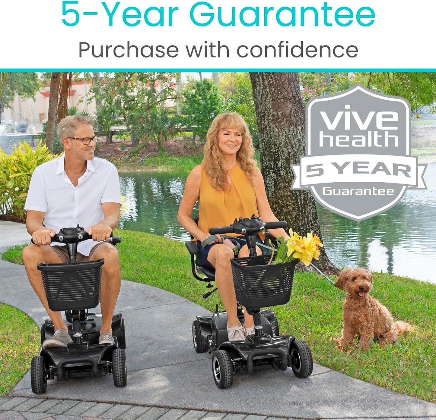 Vive 4 Wheel Mobility Scooter - Electric Powered Wheelchair Device - Compact Heavy Duty Mobile for Travel, Adults, Elderly - Long Range Power Extended Battery with Charger & Basket BLACK