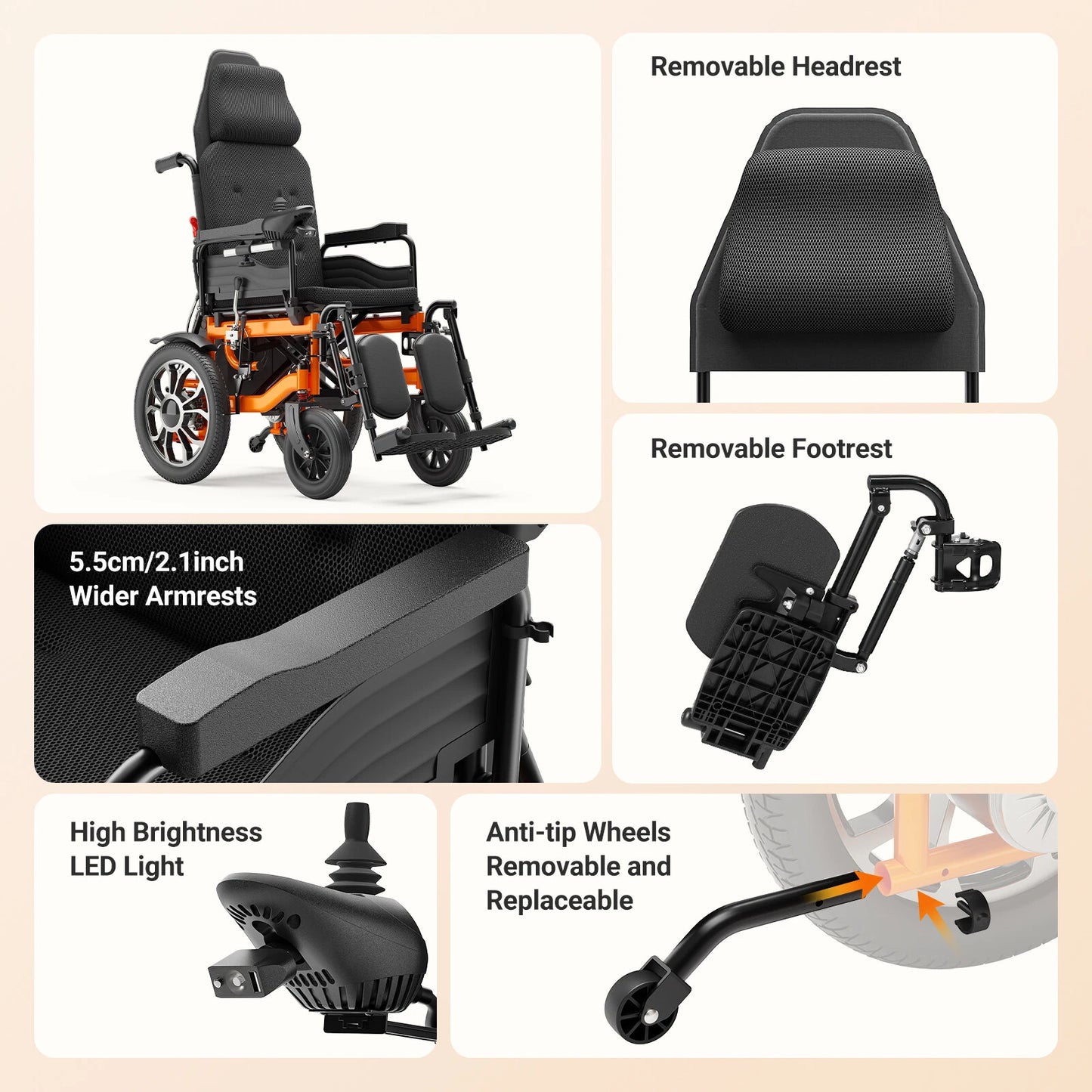 Electric Wheelchair Adults Reclining Foldable Lightweight Mobility Aid Motorized