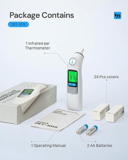Ear Thermometer, Highly Accurate Ear Thermometer for Kids, Adults and Babies, 30 Memory Recall, 1s Result and 3-Color Fever Alert, with 24 Disposable Probe Covers, White