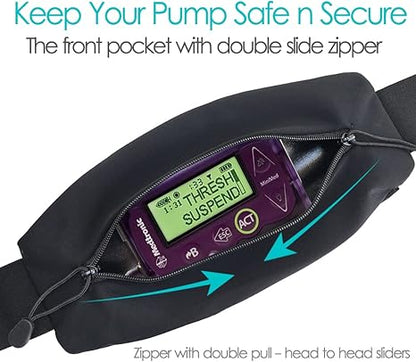 Insulin Pump Belt with Double Slide Zipper Pouch Medical Holder for Diabetic T1D Adjustable Waist Band Accessories Lightweight for Tubing Epipen Men Women Adult Black