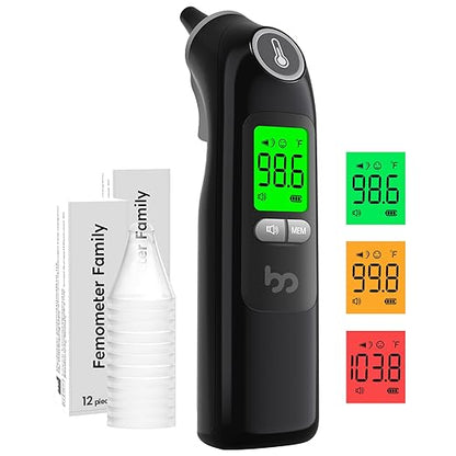 Ear Thermometer, Highly Accurate Ear Thermometer for Kids, Adults and Babies, 30 Memory Recall, 1s Result and 3-Color Fever Alert, with 24 Disposable Probe Covers, Black