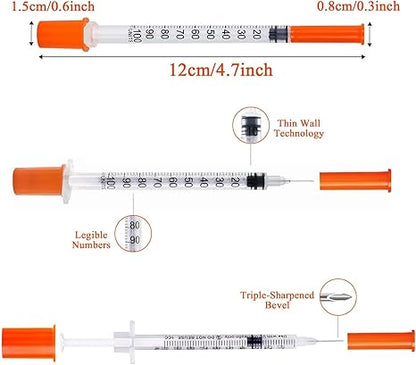 U-100 Syringes with Needle - 30G 5/16" (8mm) 1ml/cc Disposable Syringe, Individual Wrapped, 30PACK