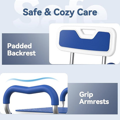 Shower Chair for Inside Shower with Reinforced Crossing Bar, Heavy Duty Shower Seat 500lbs with Padded Arms and Back, Height Adjustable Shower Chair for Elderly and Disabled