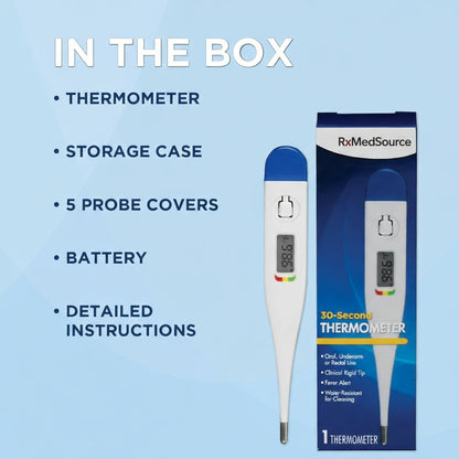 Digital Thermometer | 30-Second Readout | Fever line Indicator | Clinical Rigid Tip | Hygienic Water-Resistant Easy Cleaning
