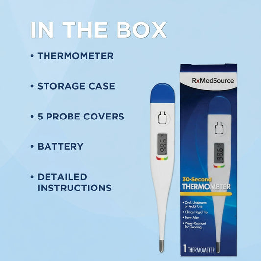 Digital Thermometer | 30-Second Readout | Fever line Indicator | Clinical Rigid Tip | Hygienic Water-Resistant Easy Cleaning