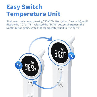 Ear and Forehead Thermometer, 2X Accuracy Infrared Digital Thermometer for Adults and Kids, 1 Second Reading, No Touch Baby with Fever Alarm