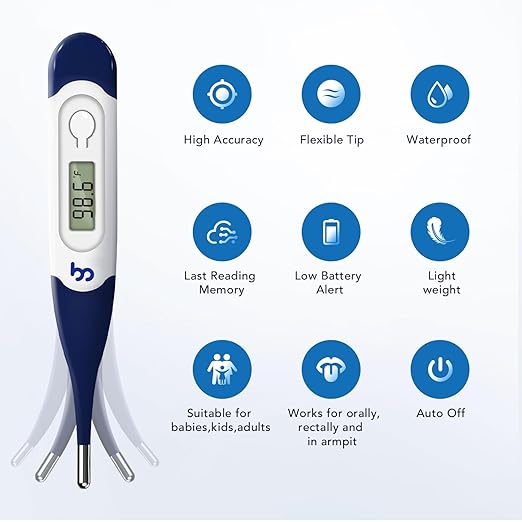 Oral Thermometer for Adults and Kids, Fast Accurate Oral, Underarm & Rectal Digital Thermometer with Flexible Tip, Navy Blue