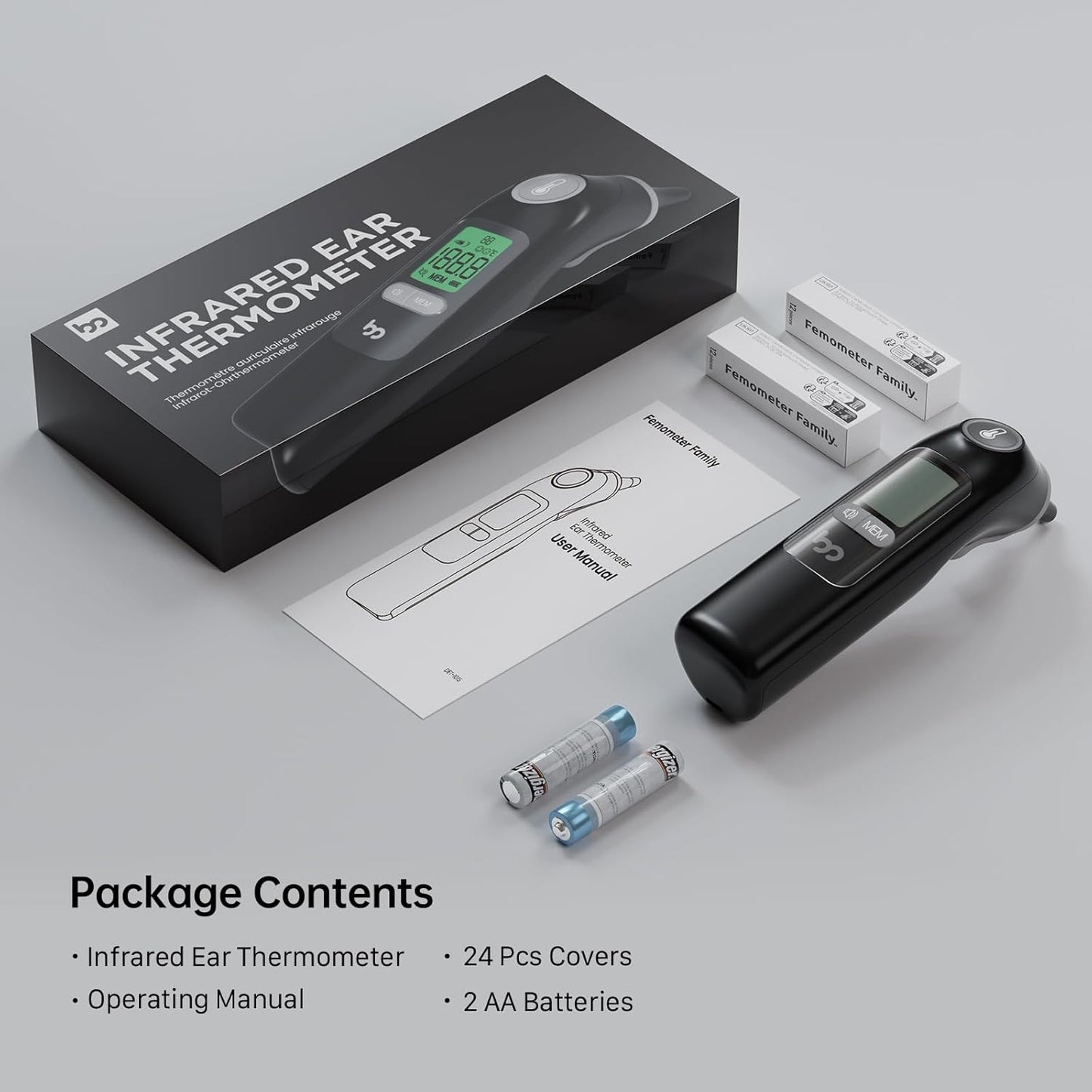 Ear Thermometer, Highly Accurate Ear Thermometer for Kids, Adults and Babies, 30 Memory Recall, 1s Result and 3-Color Fever Alert, with 24 Disposable Probe Covers, Black