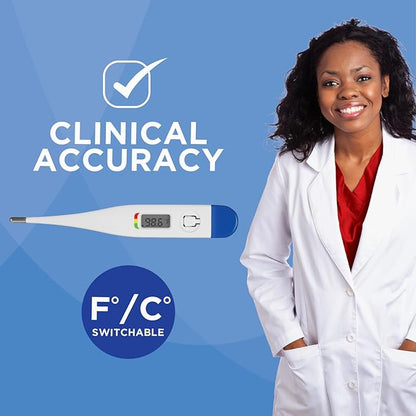 Digital Thermometer | 30-Second Readout | Fever line Indicator | Clinical Rigid Tip | Hygienic Water-Resistant Easy Cleaning