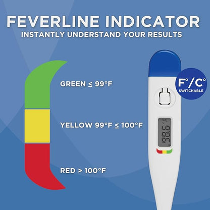 Digital Thermometer | 30-Second Readout | Fever line Indicator | Clinical Rigid Tip | Hygienic Water-Resistant Easy Cleaning