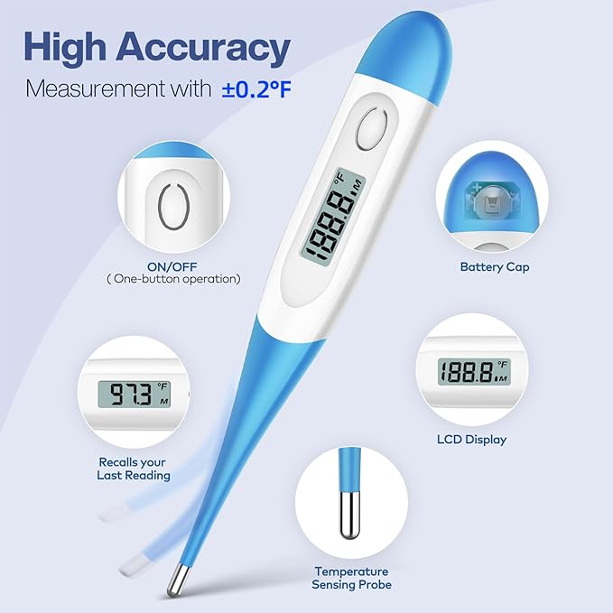 10 Seconds Oral Thermometer for Adults and Kids - Accurate & Safe Rectal Digital Thermometer for Baby with Fever Alarm (Light Blue)