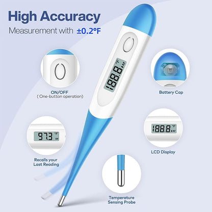10 Seconds Oral Thermometer for Adults and Kids - Accurate & Safe Rectal Digital Thermometer for Baby with Fever Alarm (Light Blue)