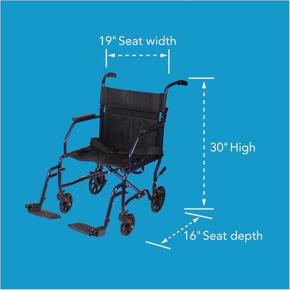 Wheelchair With 19 inch Seat, Folding Transport Chair with Foot Rests, Foldable Lightweight Wheelchair Foldable for Storage and Travel