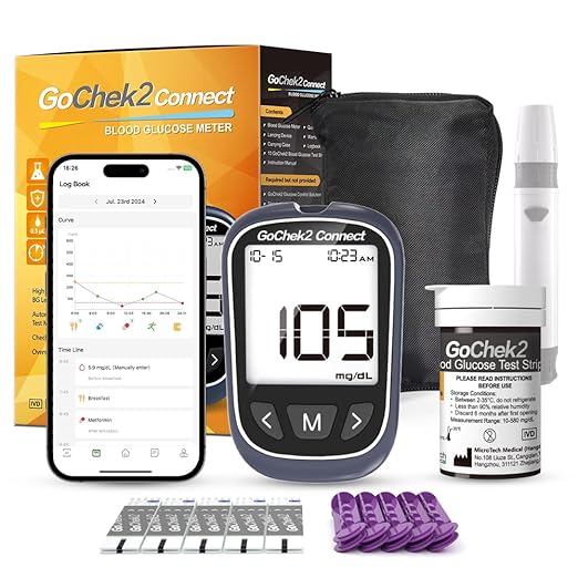 MicroTech Bluetooth Blood Sugar Testing Kit 10 Strips & Lancets, Free App, No Coding, 500 Storage