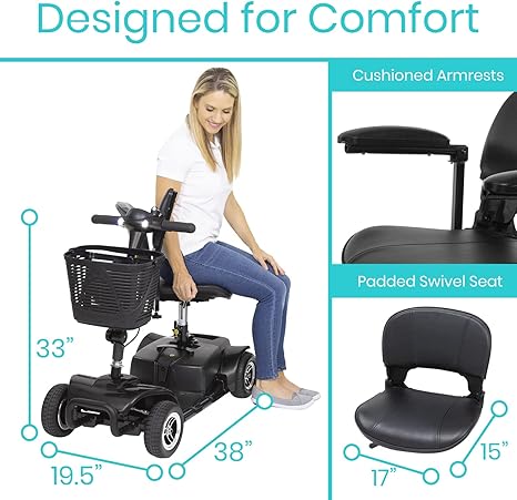 Vive 4 Wheel Mobility Scooter - Electric Powered Wheelchair Device - Compact Heavy Duty Mobile for Travel, Adults, Elderly - Long Range Power Extended Battery with Charger & Basket BLACK