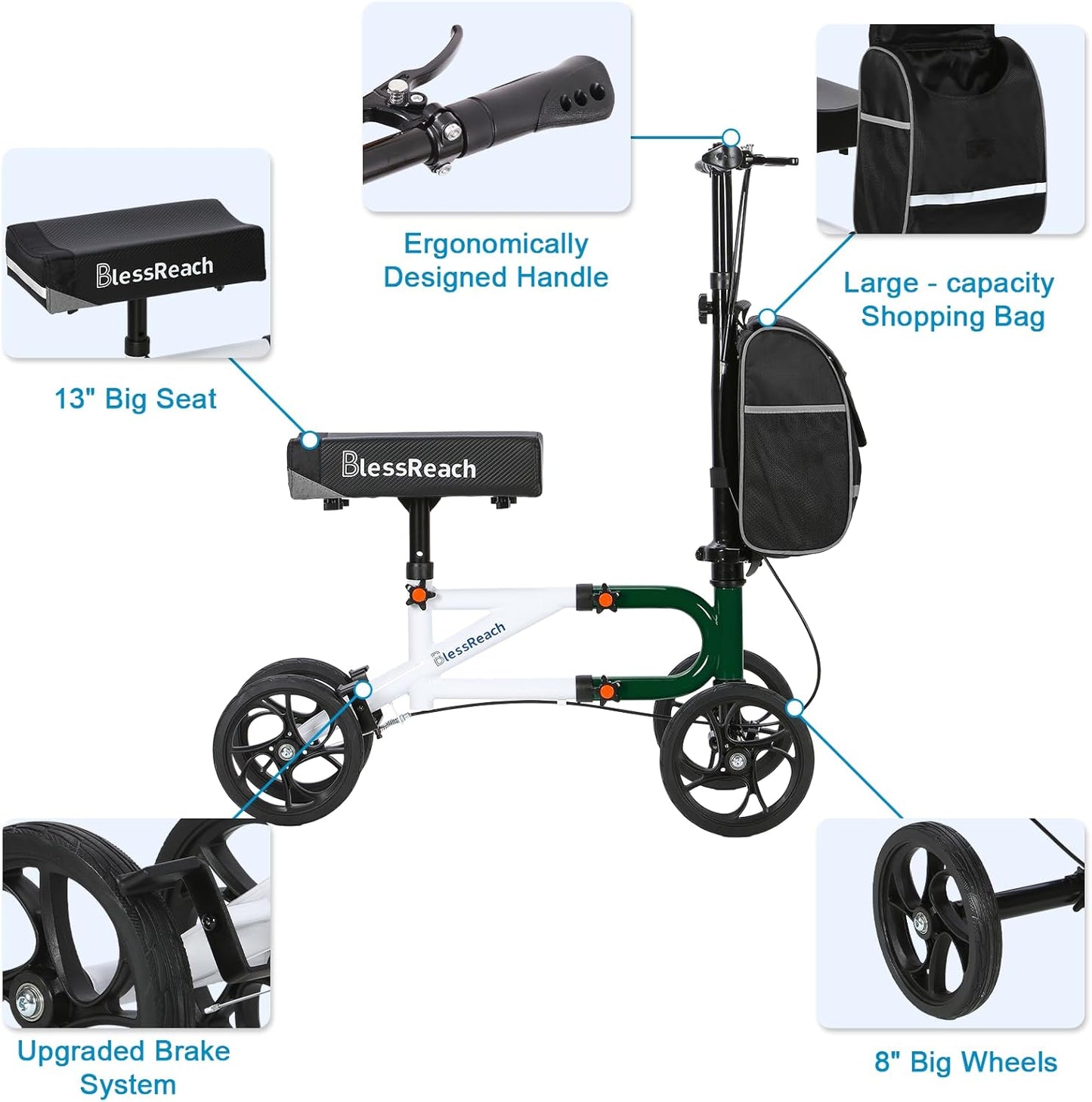 Knee Scooter Steerable Knee Walker for Foot Injuries Compact Crutch Alternative with Dual Braking System (Green)