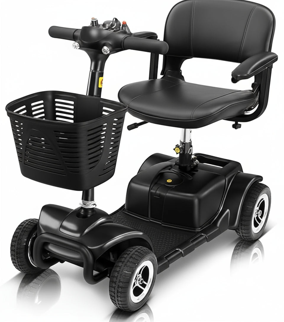 Vive 4 Wheel Mobility Scooter - Electric Powered Wheelchair Device - Compact Heavy Duty Mobile for Travel, Adults, Elderly - Long Range Power Extended Battery with Charger & Basket BLACK