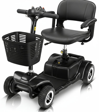 Vive 4 Wheel Mobility Scooter - Electric Powered Wheelchair Device - Compact Heavy Duty Mobile for Travel, Adults, Elderly - Long Range Power Extended Battery with Charger & Basket BLACK