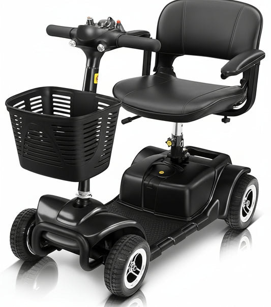 Vive 4 Wheel Mobility Scooter - Electric Powered Wheelchair Device - Compact Heavy Duty Mobile for Travel, Adults, Elderly - Long Range Power Extended Battery with Charger & Basket BLACK