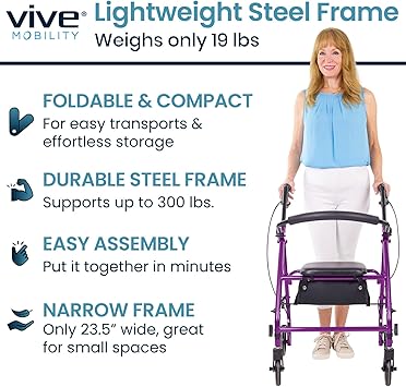 Vive Mobility Steel Rollator Walker with Seat - Foldable, Narrow, Rolling Senior Walker for Small Spaces - 4 Wheel Lightweight Adult Easy Drive with Underseat Storage, Adjustable Height (Purple)