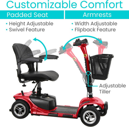 Vive 4 Wheel Mobility Scooter - Electric Powered Wheelchair Device - Compact Heavy Duty Mobile for Travel, Adults, Elderly - Long Range Power Extended Battery with Charger & Basket
