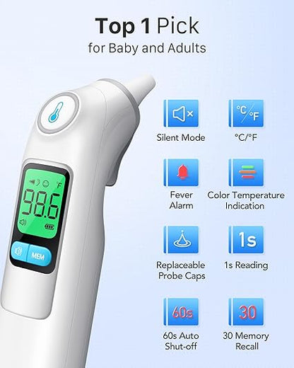 Ear Thermometer, Highly Accurate Ear Thermometer for Kids, Adults and Babies, 30 Memory Recall, 1s Result and 3-Color Fever Alert, with 24 Disposable Probe Covers, White