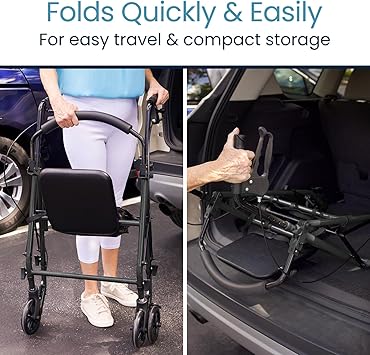 Vive Mobility Steel Rollator Walker with Seat - Foldable, Narrow, Rolling Senior Walker for Small Spaces - 4 Wheel Lightweight Adult Easy Drive with Underseat Storage, Adjustable Height (Black)