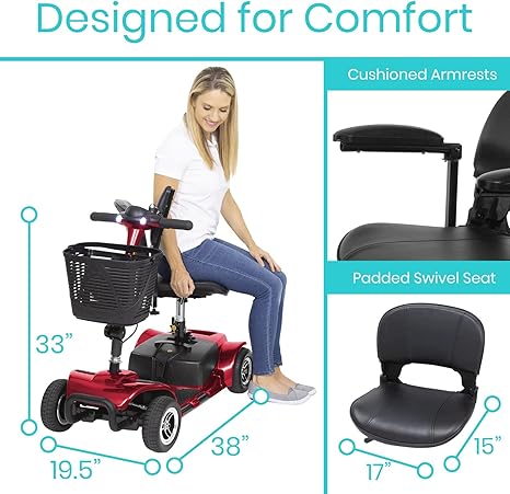 Vive 4 Wheel Mobility Scooter - Electric Powered Wheelchair Device - Compact Heavy Duty Mobile for Travel, Adults, Elderly - Long Range Power Extended Battery with Charger & Basket