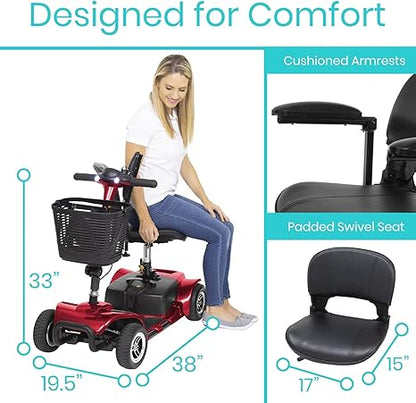 Vive 4 Wheel Mobility Scooter - Electric Powered Wheelchair Device - Compact Heavy Duty Mobile for Travel, Adults, Elderly - Long Range Power Extended Battery with Charger & Basket