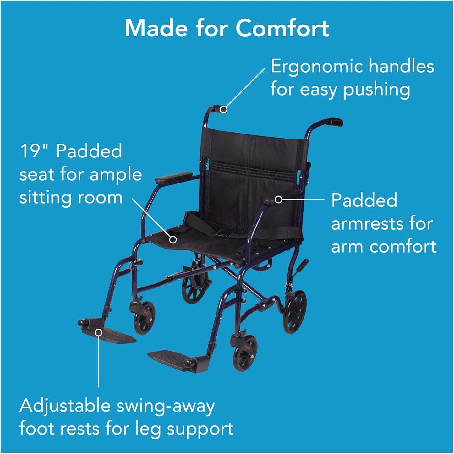 Wheelchair With 19 inch Seat, Folding Transport Chair with Foot Rests, Foldable Lightweight Wheelchair Foldable for Storage and Travel