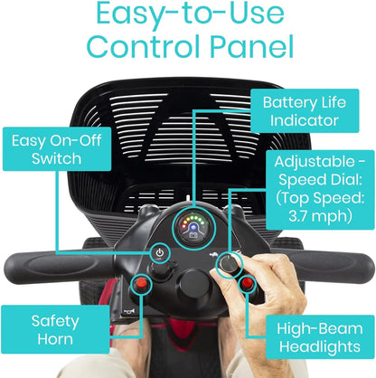 Vive 4 Wheel Mobility Scooter - Electric Powered Wheelchair Device - Compact Heavy Duty Mobile for Travel, Adults, Elderly - Long Range Power Extended Battery with Charger & Basket
