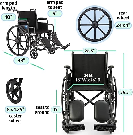 Comfortable Folding Wheelchair with Swing-Back, Desk-Length Arms and Elevating Footrests, 18”W x 16”D Seat