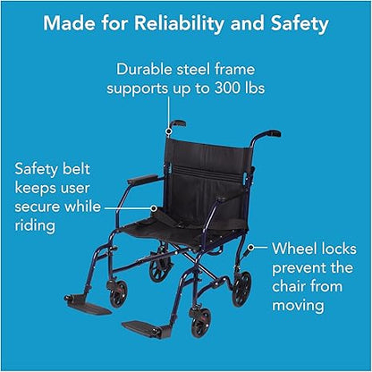 Wheelchair With 19 inch Seat, Folding Transport Chair with Foot Rests, Foldable Lightweight Wheelchair Foldable for Storage and Travel