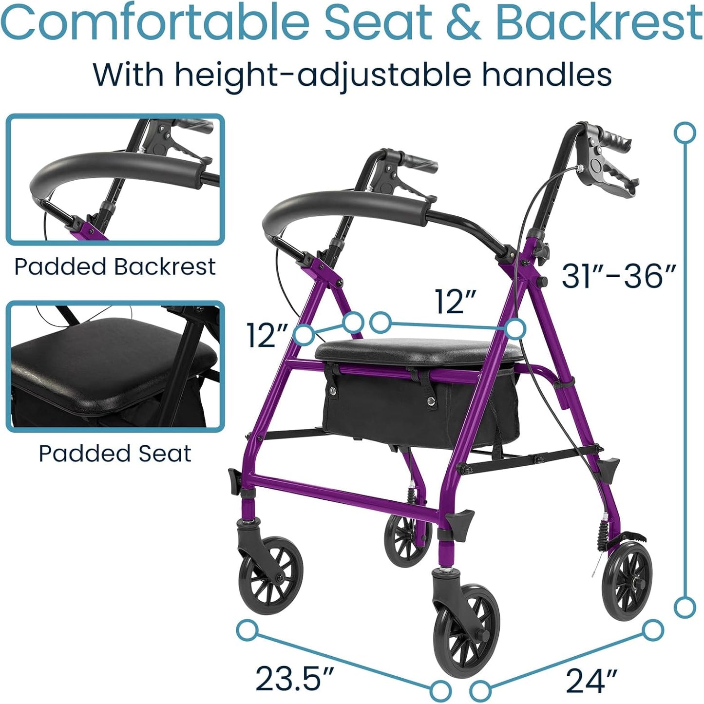 Vive Mobility Steel Rollator Walker with Seat - Foldable, Narrow, Rolling Senior Walker for Small Spaces - 4 Wheel Lightweight Adult Easy Drive with Underseat Storage, Adjustable Height (Purple)