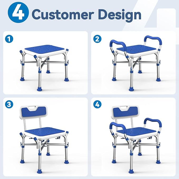 Shower Chair for Inside Shower with Reinforced Crossing Bar, Heavy Duty Shower Seat 500lbs with Padded Arms and Back, Height Adjustable Shower Chair for Elderly and Disabled