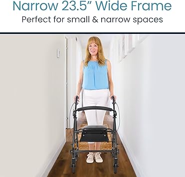 Vive Mobility Steel Rollator Walker with Seat - Foldable, Narrow, Rolling Senior Walker for Small Spaces - 4 Wheel Lightweight Adult Easy Drive with Underseat Storage, Adjustable Height (Black)