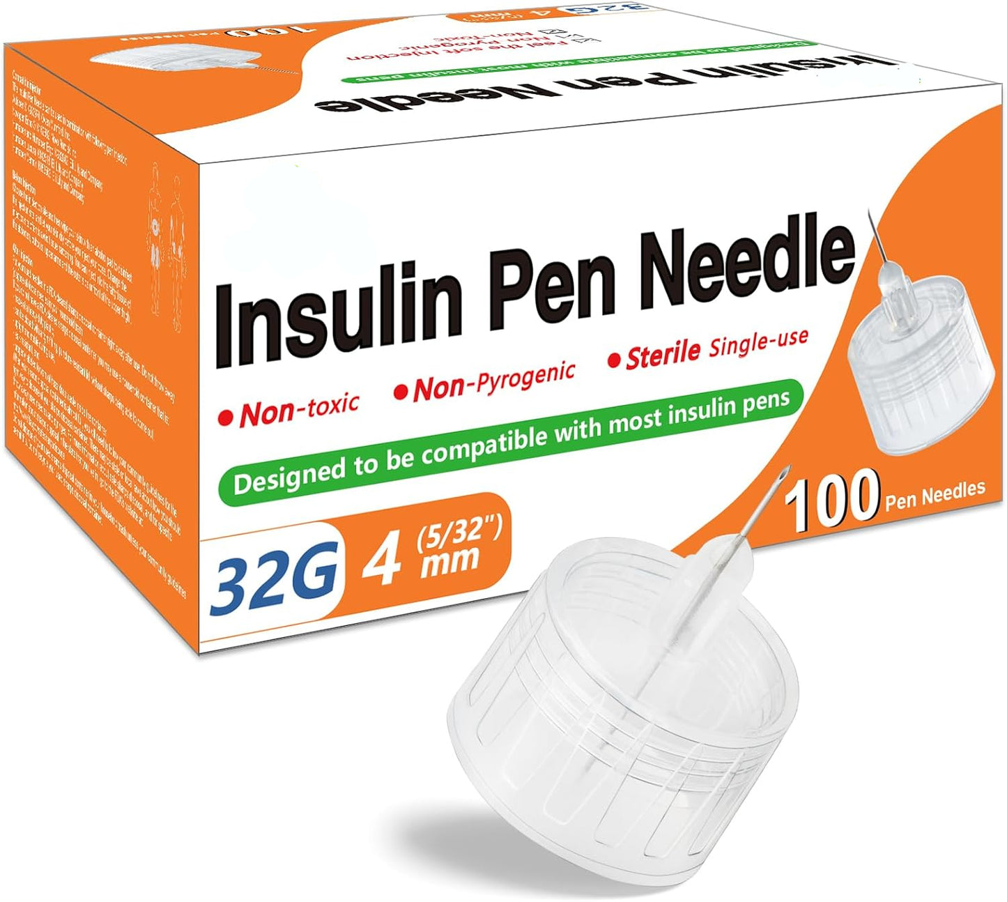 Insulin Pen Needle 32G 4 mm (5/32”), 100 Count, Universal Fit Compatible with Most Pen Injector Device, Ultra-Thin for Comfortable Insulin Injection