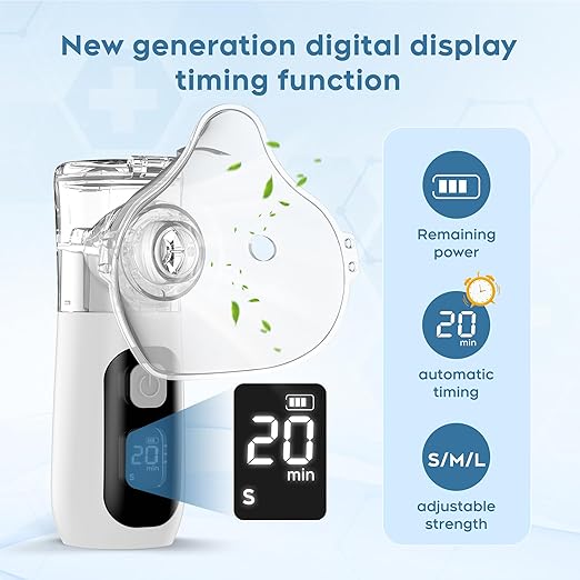 Smart Digital Display Portable Nebulizer for Adults and Kids, Portable Nebulizer Machine for Breathing with Mouthpiece and Mask, Handheld Nebulizer for Travel and Home Use