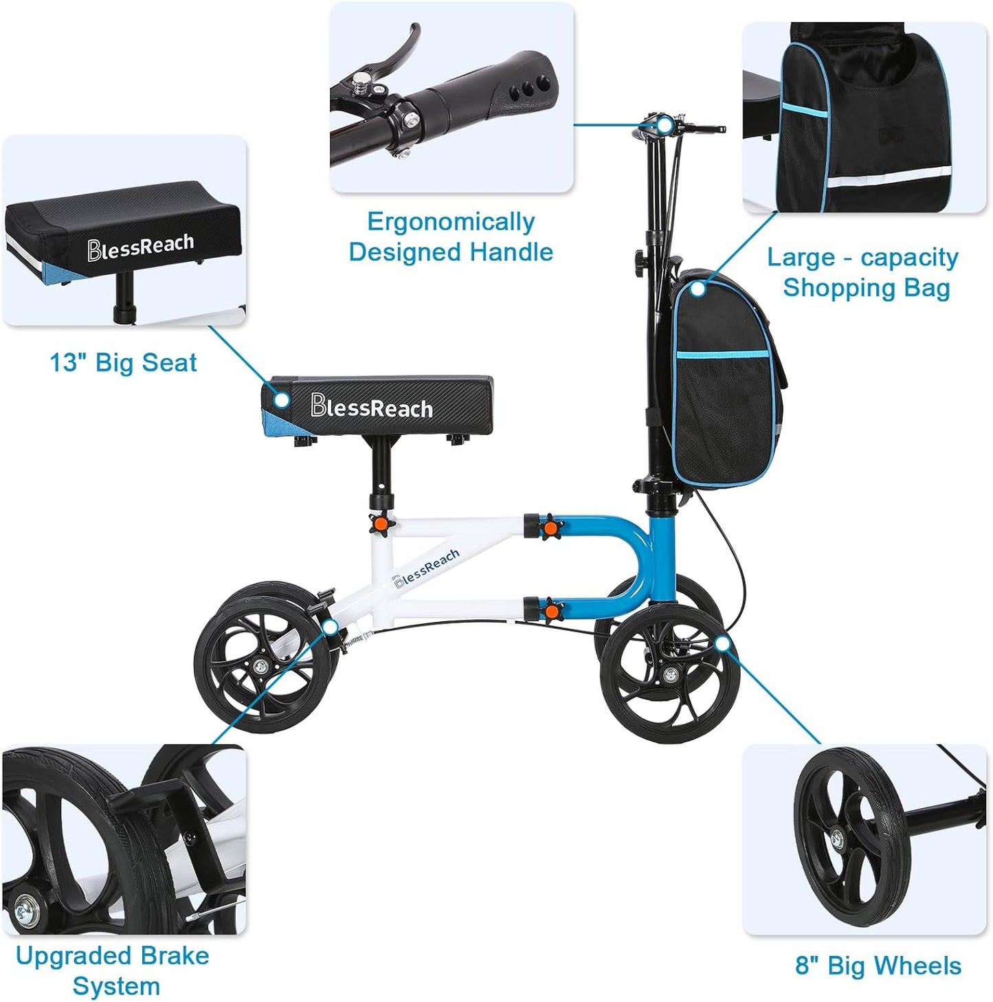 Knee Scooter，Knee Scooter for Adults for Foot Surgery，Steerable Knee Walker for Foot Injuries Compact Crutch Alternative with Dual Braking System (Blue)