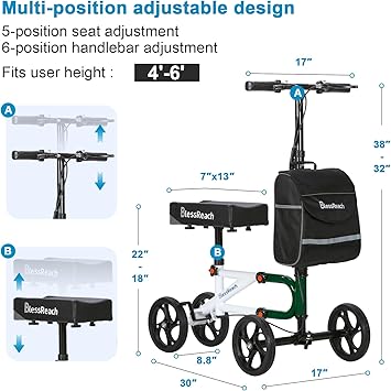 Knee Scooter Steerable Knee Walker for Foot Injuries Compact Crutch Alternative with Dual Braking System (Green)