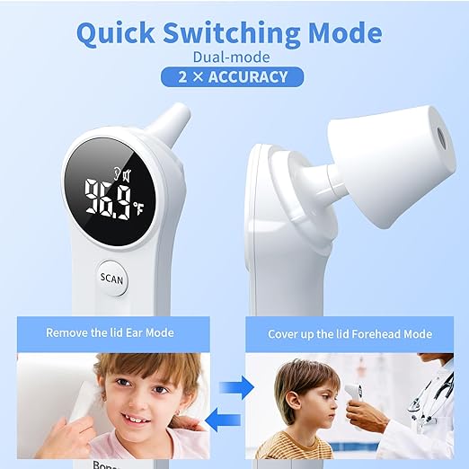 Ear and Forehead Thermometer, 2X Accuracy Infrared Digital Thermometer for Adults and Kids, 1 Second Reading, No Touch Baby with Fever Alarm
