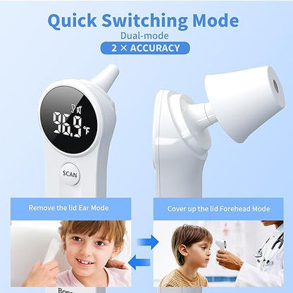 Ear and Forehead Thermometer, 2X Accuracy Infrared Digital Thermometer for Adults and Kids, 1 Second Reading, No Touch Baby with Fever Alarm