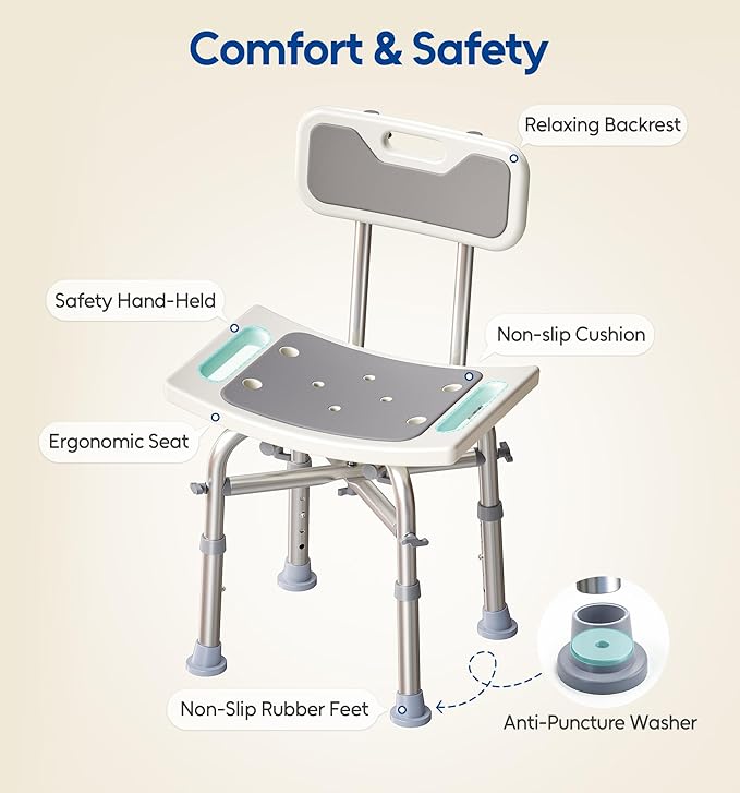 hower Chair with Back for Elderly and Disabled, Shower Seat Bench Stool, Adjustable Height, 350 lbs Capacity