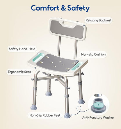 hower Chair with Back for Elderly and Disabled, Shower Seat Bench Stool, Adjustable Height, 350 lbs Capacity