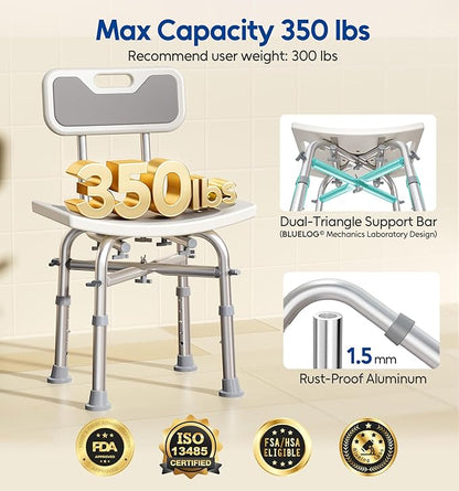 hower Chair with Back for Elderly and Disabled, Shower Seat Bench Stool, Adjustable Height, 350 lbs Capacity