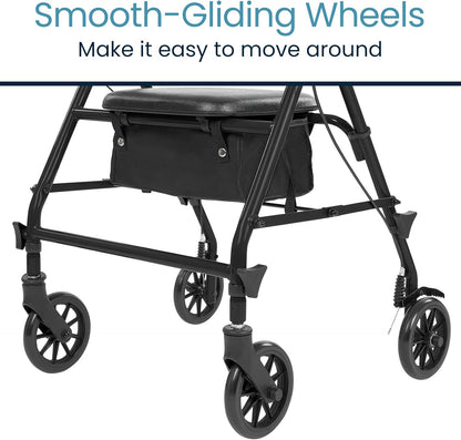 Vive Mobility Steel Rollator Walker with Seat - Foldable, Narrow, Rolling Senior Walker for Small Spaces - 4 Wheel Lightweight Adult Easy Drive with Underseat Storage, Adjustable Height (Black)