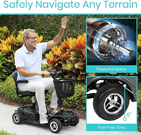 Vive 4 Wheel Mobility Scooter - Electric Powered Wheelchair Device - Compact Heavy Duty Mobile for Travel, Adults, Elderly - Long Range Power Extended Battery with Charger & Basket BLACK